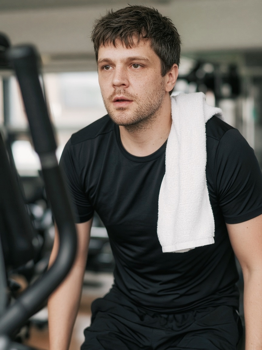Man in a black performance shirt and training shorts in a gym