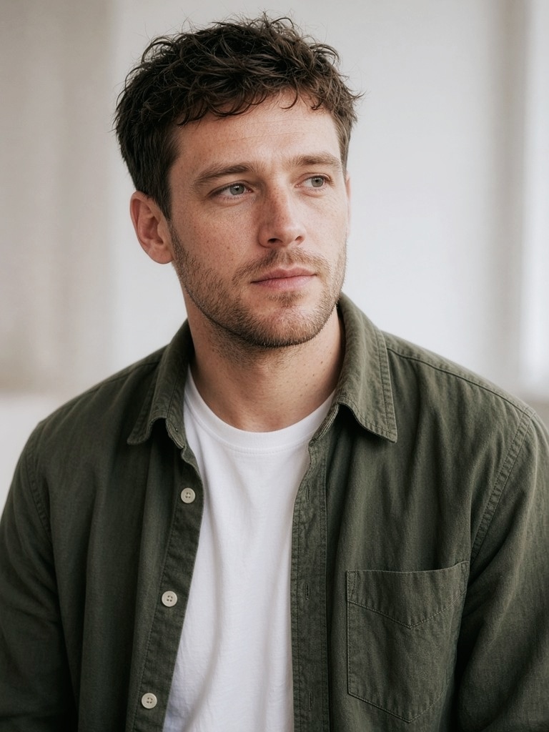 Man in an olive shirt over a white t-shirt