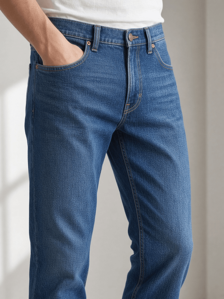 Mid-blue jeans worn with a white t-shirt