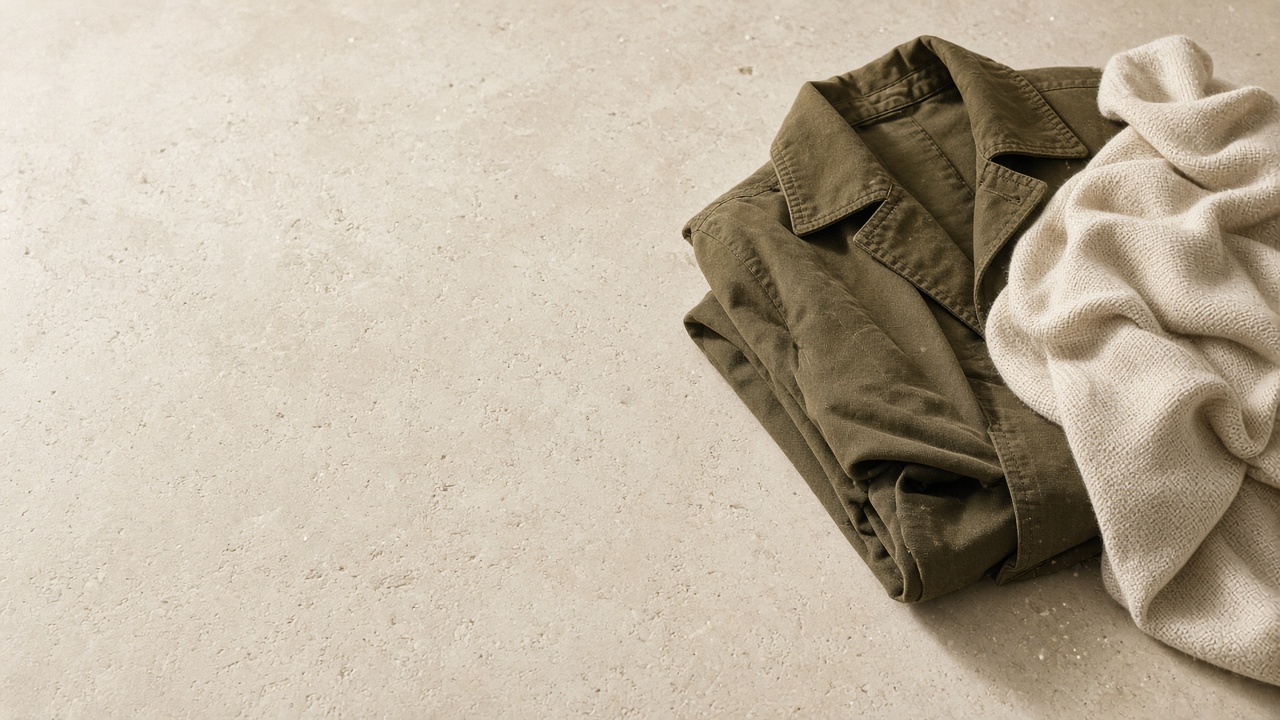Folded olive jacket and cream knit on pale stone